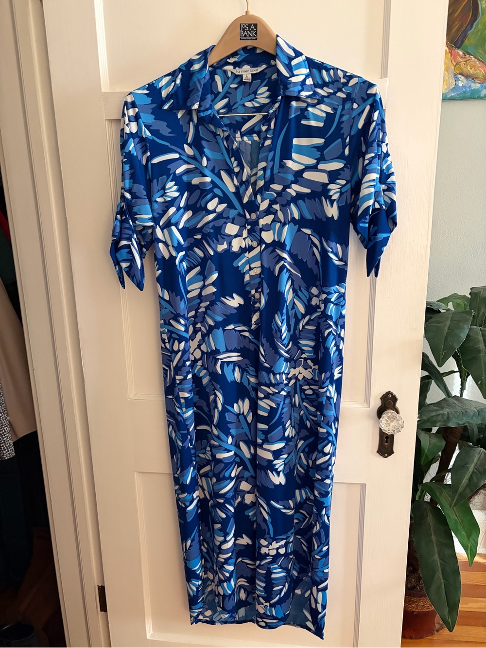 Blue Leaf-Print Midi Shirt Dress